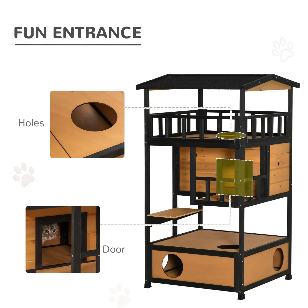 PawHut Wooden Outdoor Cat House 3-Tier Kitten Shelter w/ Tilted Roof Yellow - Cat House