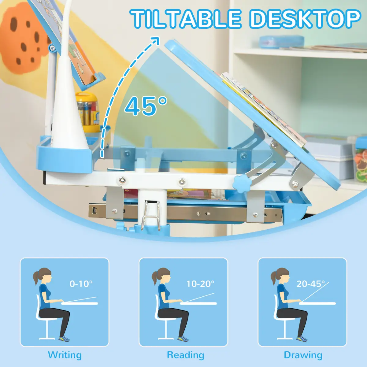 HOMCOM HOMCOM Kids Study Desk and Chair Set w/ USB Lamp, Adjustable Height, Blue - Desk