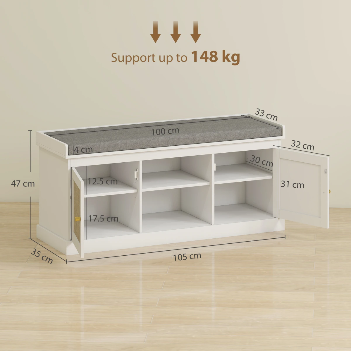 HOMCOM HOMCOM Shoe Bench, Boho Shoe Storage Bench with Padded Cushion, White -