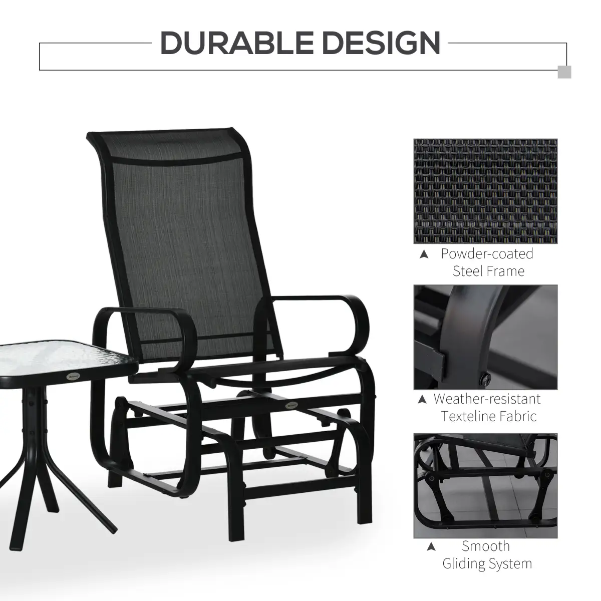 Outsunny 3 PCs Gliding Rocking Chair With Tea Table Smooth Rockers Sling Seat - Garden Chairs