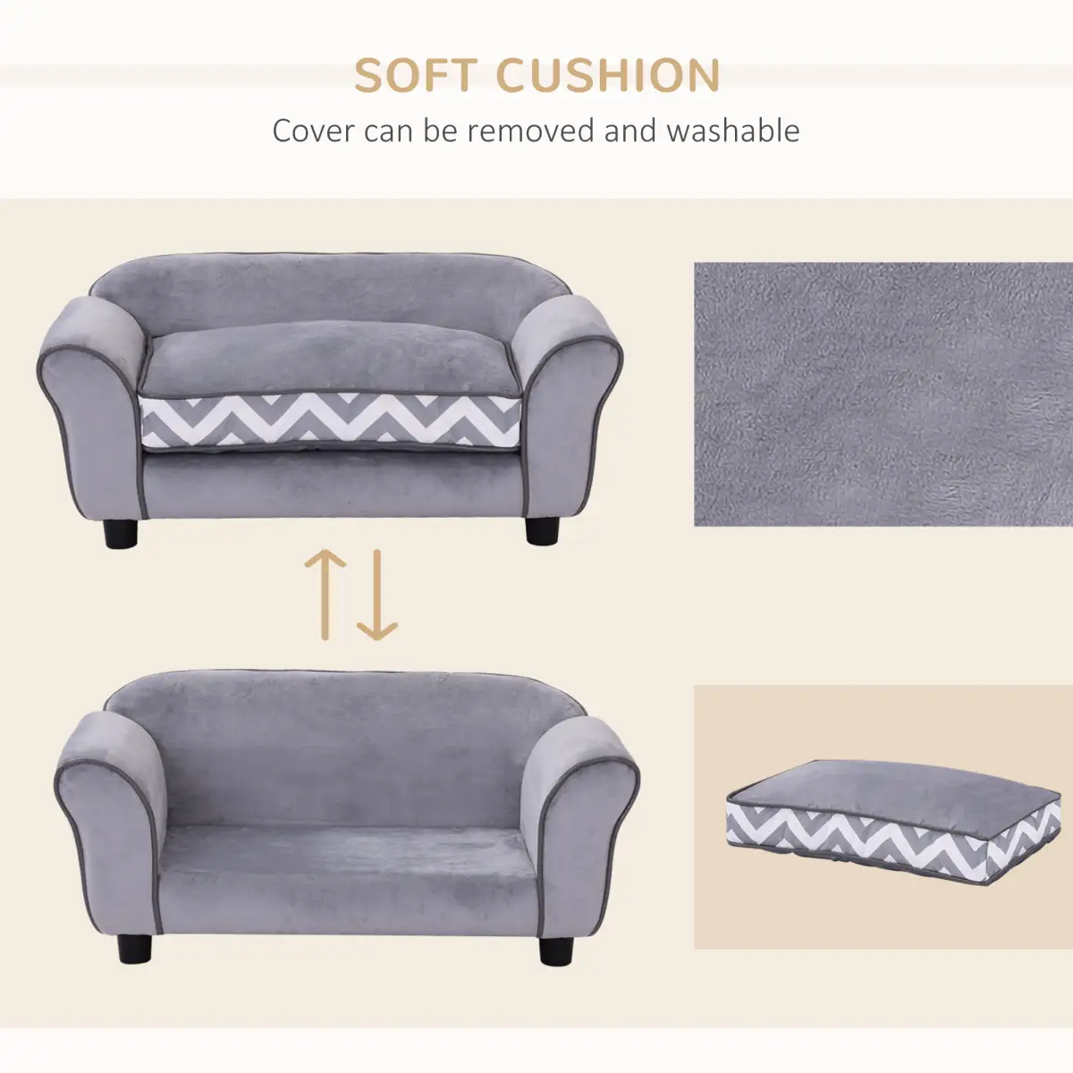 PawHut Dog Sofa Cat Couch Bed for XS Dogs w/ Removable Sponge Cushion - Grey - Dog Beds
