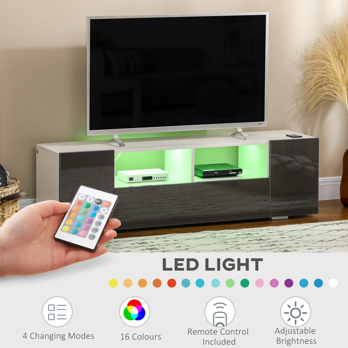 HOMCOM High Gloss TV Stand 137cm Wide With LED Lights For TV Setup - TV Unit