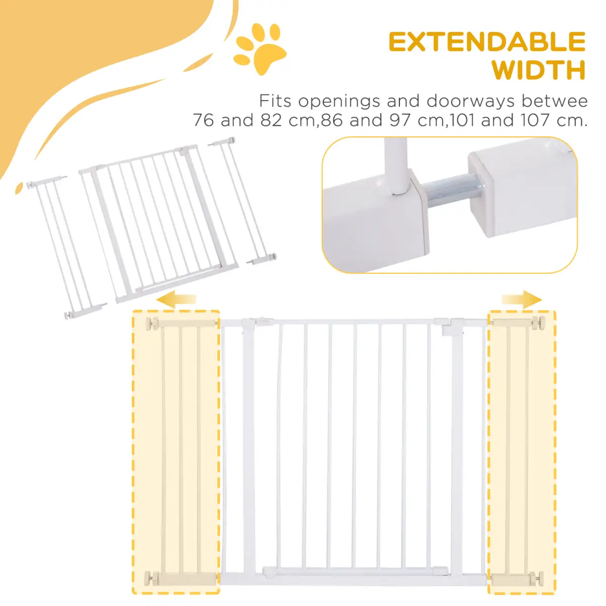 Pawhut Pressure Fit Dog Gate Pet Barrier for stairs doorway, 76-107cm Width White - Pet Gate