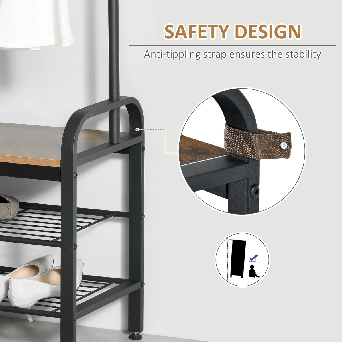 Industrial Coat Rack Stand With 8 Hooks And Brown Storage Shelf Tall Entryway Organizer by Unbranded