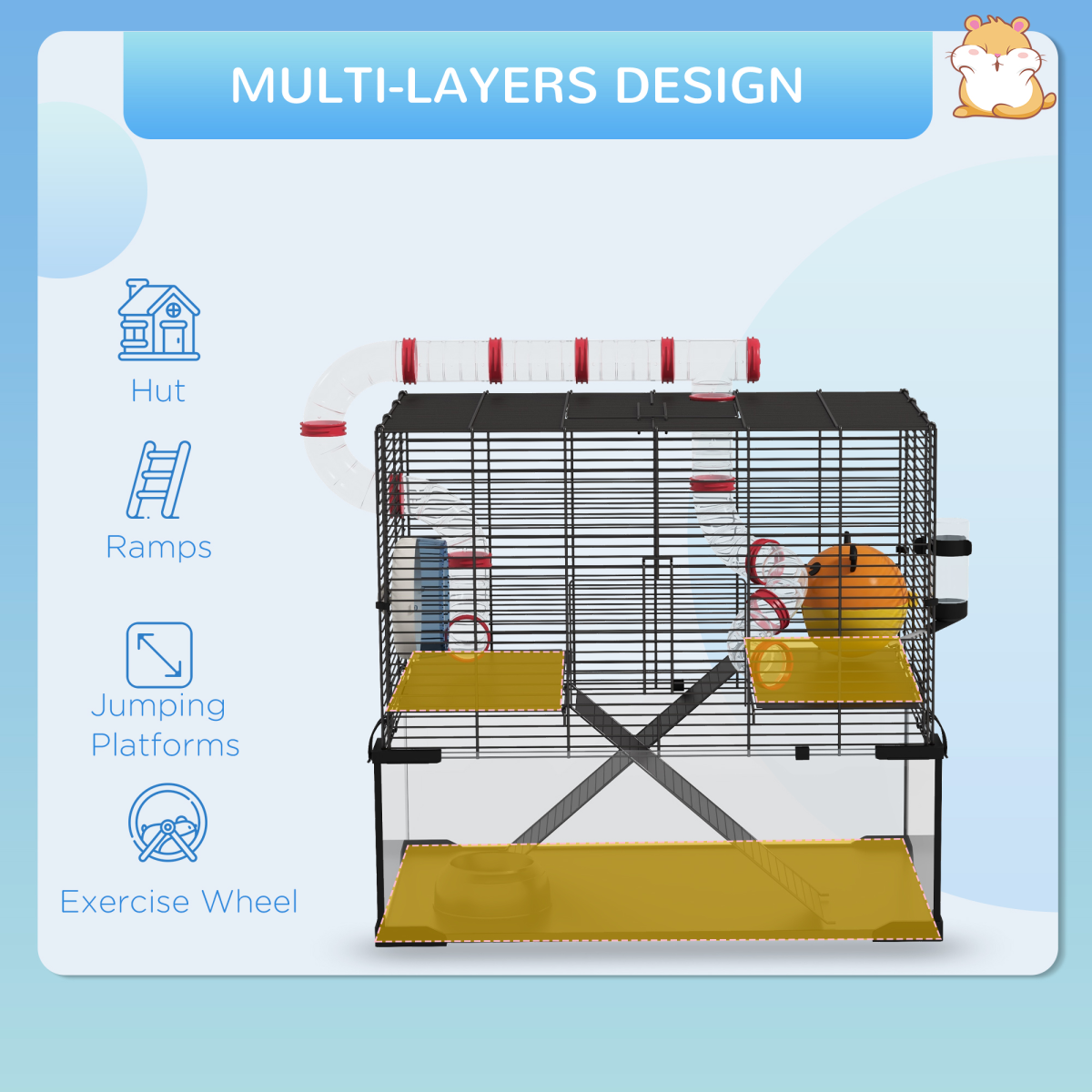 PawHut Hamster Cage w/ Tubes, Ramps, Platforms, Hut, 60 x 40 x 57cm - from PawHut