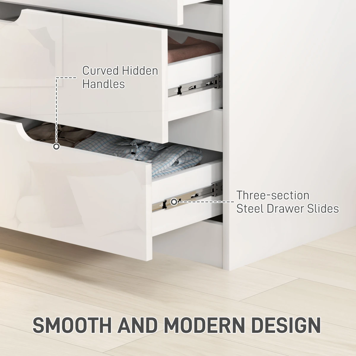 HOMCOM HOMCOM 4 Drawer Chest 60x40x85cm High Gloss Drawer Panels Hidden Curved Handles for Bedroom Storage - Chest of Drawers