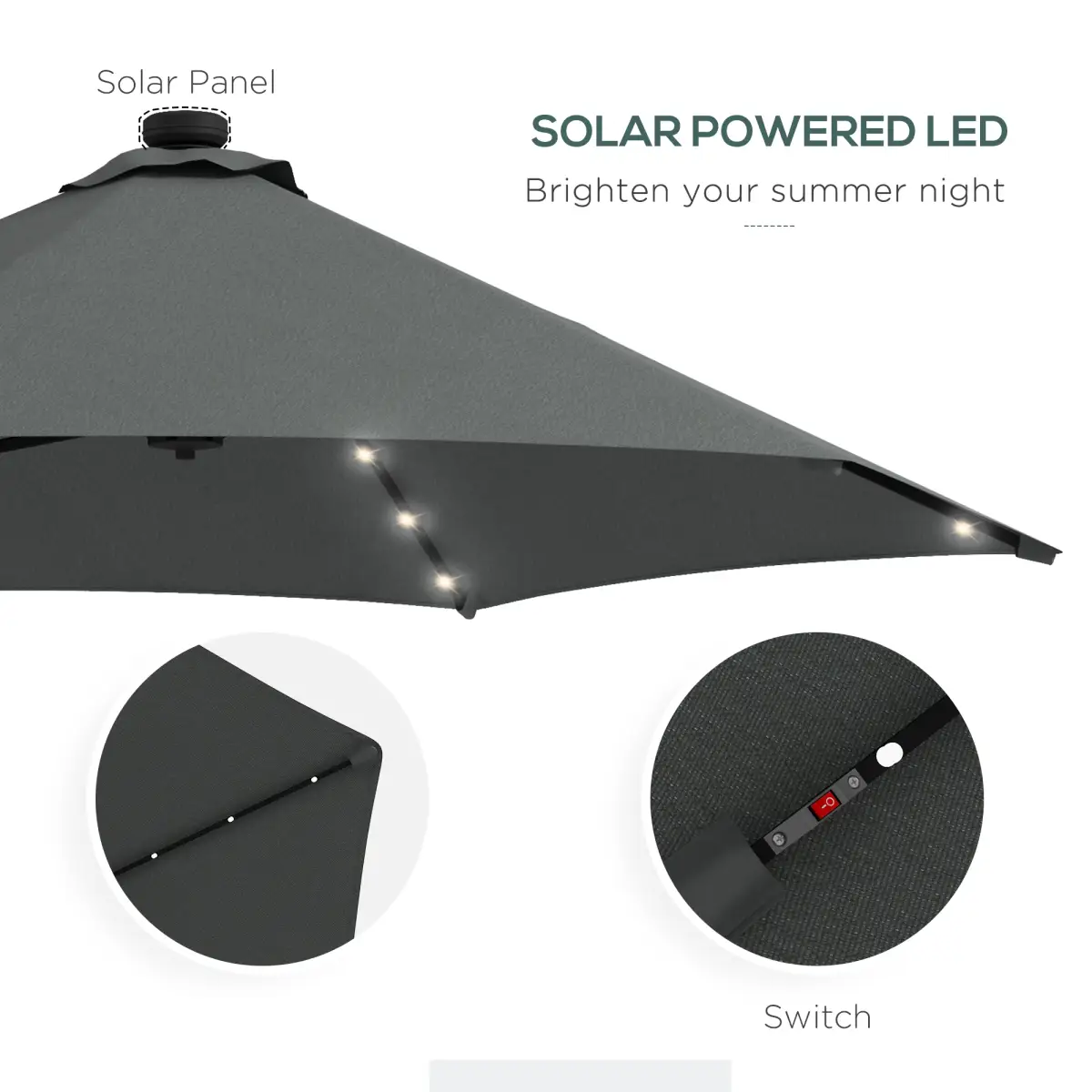 Outsunny Outsunny 3(m) Cantilever Garden Parasol Umbrella W/ Solar LED and Cover, Grey - Parasol