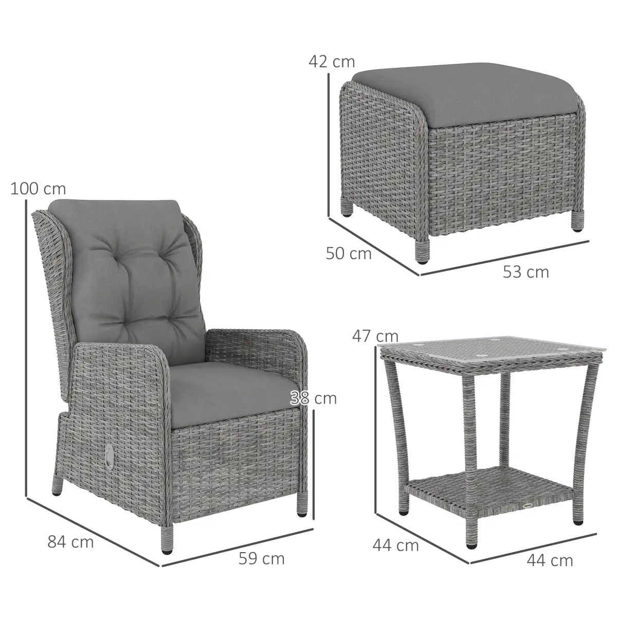 Outsunny Outsunny Recliner Rattan Garden Furniture w/ Two-tier Table, Light Grey - Garden Set