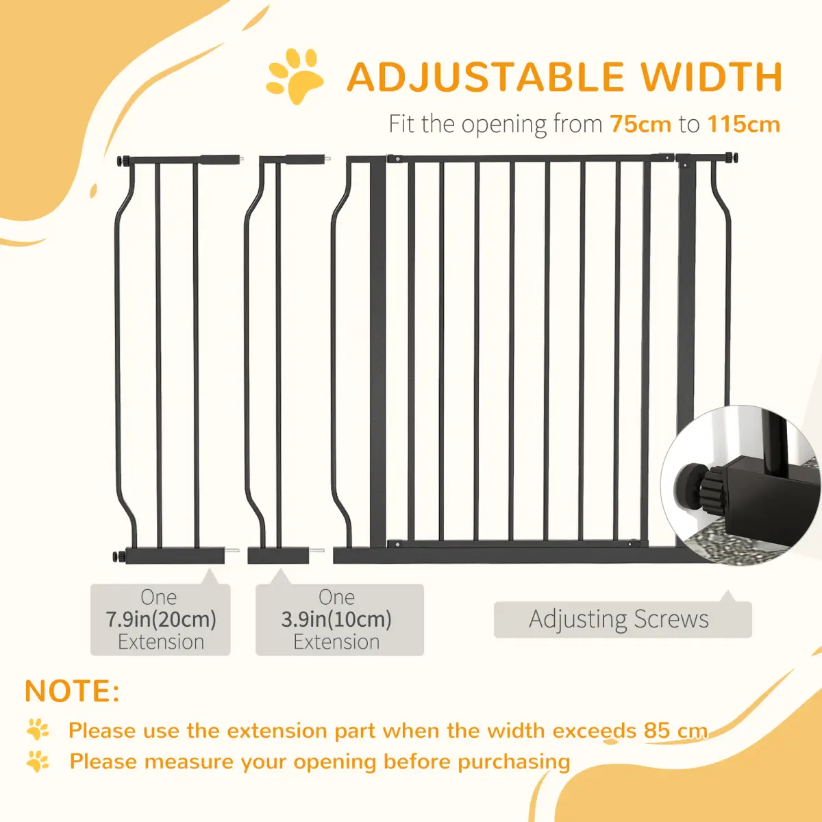 PawHut PawHut Dog Gate Wide Stair Gate with Door Pressure Fit, 75-115W cm, Black - Pet Gate
