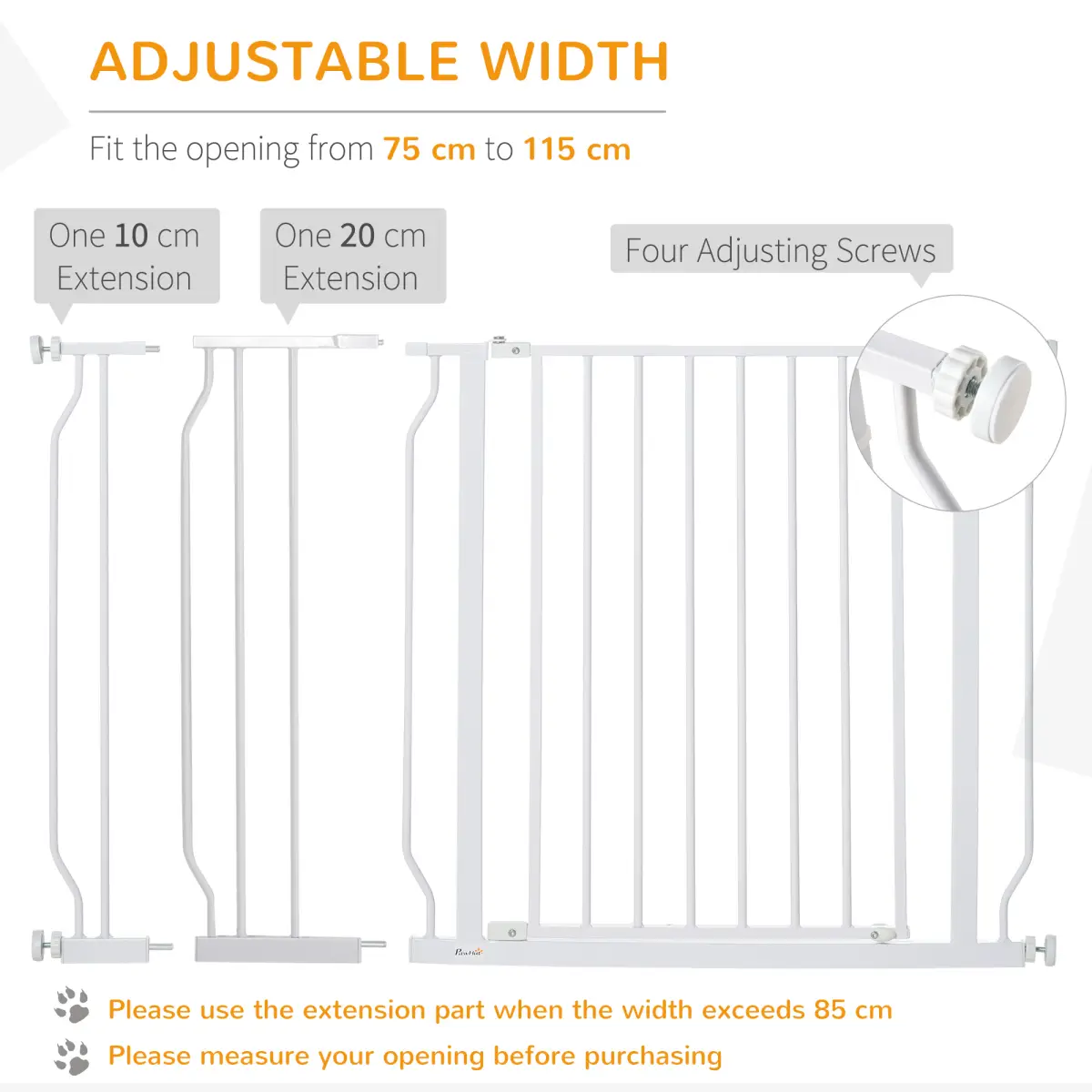 PawHut PawHut Dog Gate Wide Stair Gate w/ Door Pressure Fit, 75-115W cm, White - Pet Gate