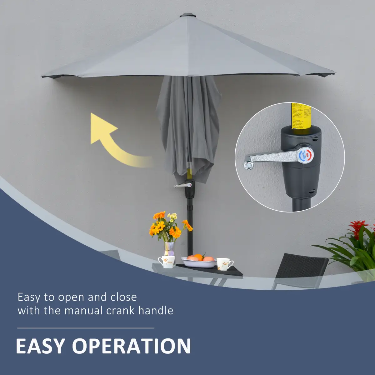 Outsunny Outsunny 2m Half Garden Parasol Market Umbrella w/ Crank Handle, Base Dark Grey - Parasol