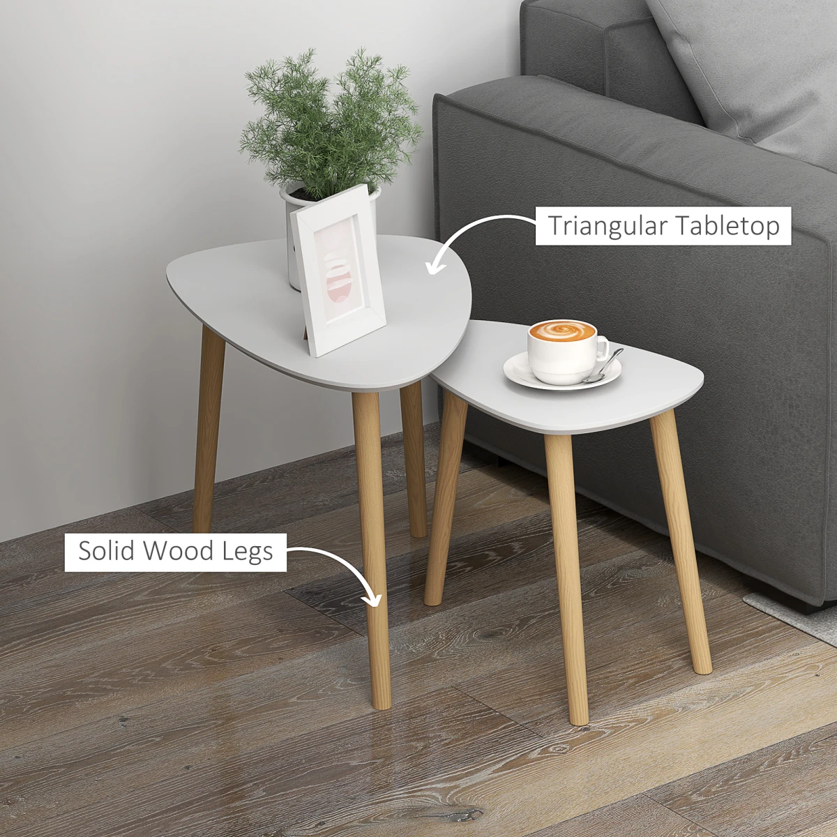 HOMCOM Nesting Side Tables Set Of 2 Two-Tier Modern Scandinavian Grey With Natural Wood Legs Living Room by HOMCOM