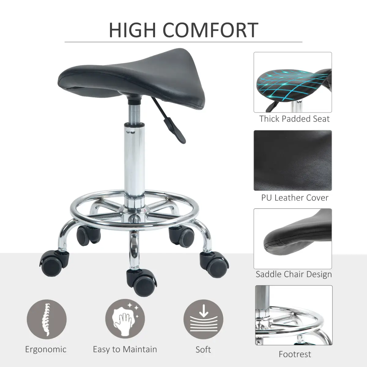 HOMCOM HOMCOM Saddle Chair, Rolling Salon Stool for Massage Spa Clinic Beauty, Black - Bar Stool