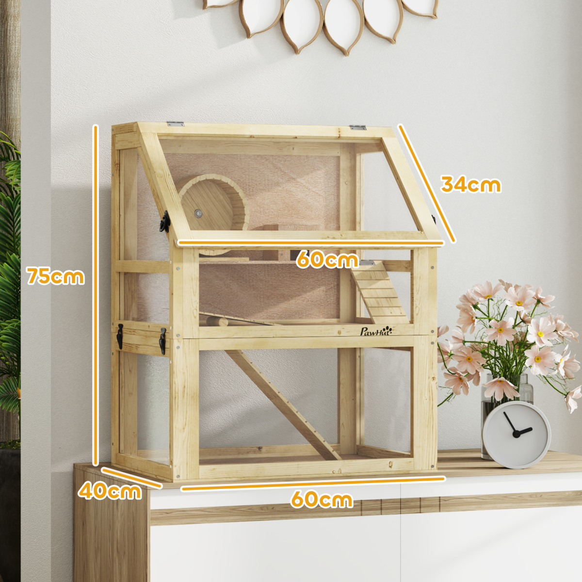 PawHut Wooden Hamster Cage w/ Detachable Bottom, Hut, Seesaw, 60 x 40 x 75cm - from PawHut