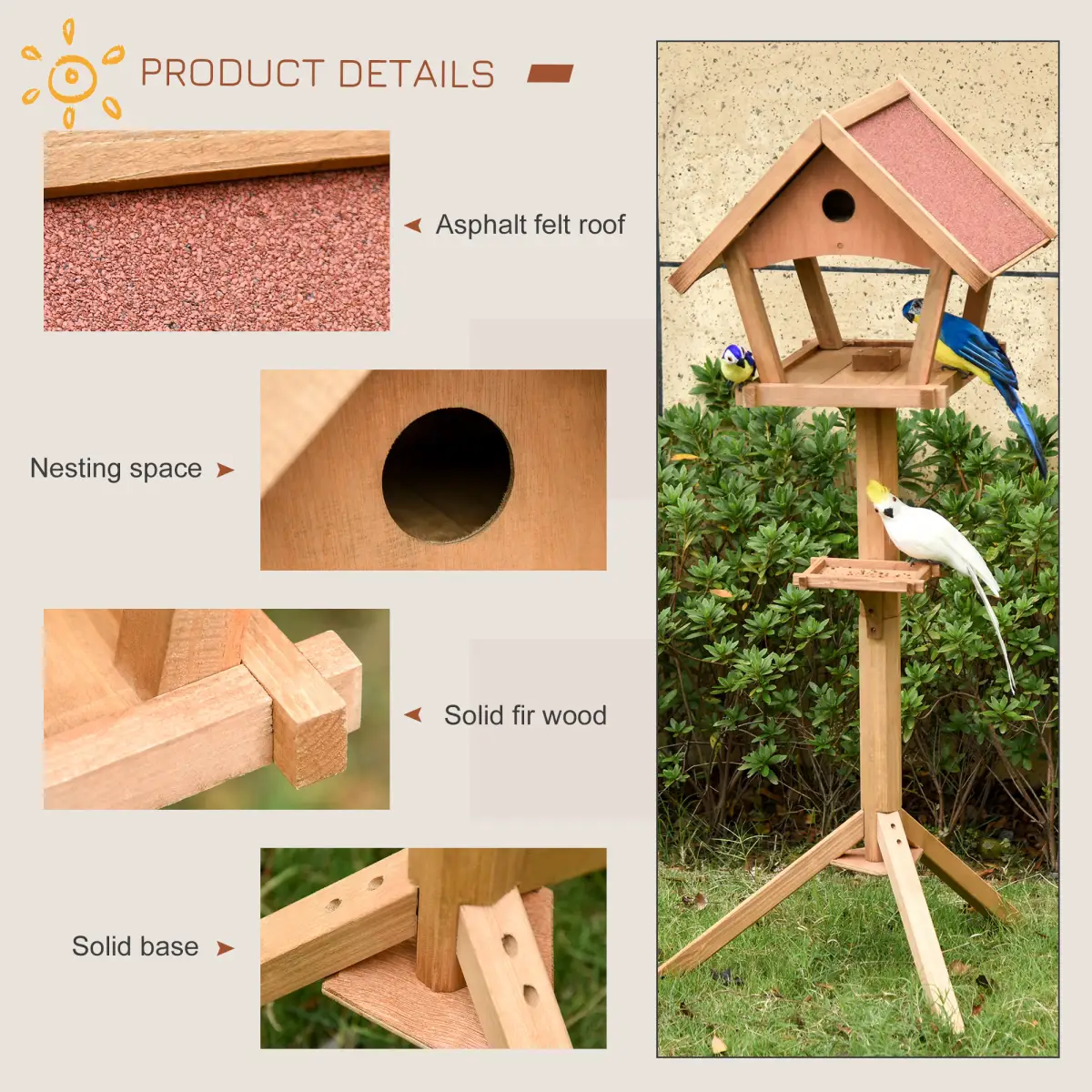 Pawhut Wooden Bird Feeder Stand for Garden Pre-cut Weather Resistant 49 x 45 x 139cm - Bird Feeder