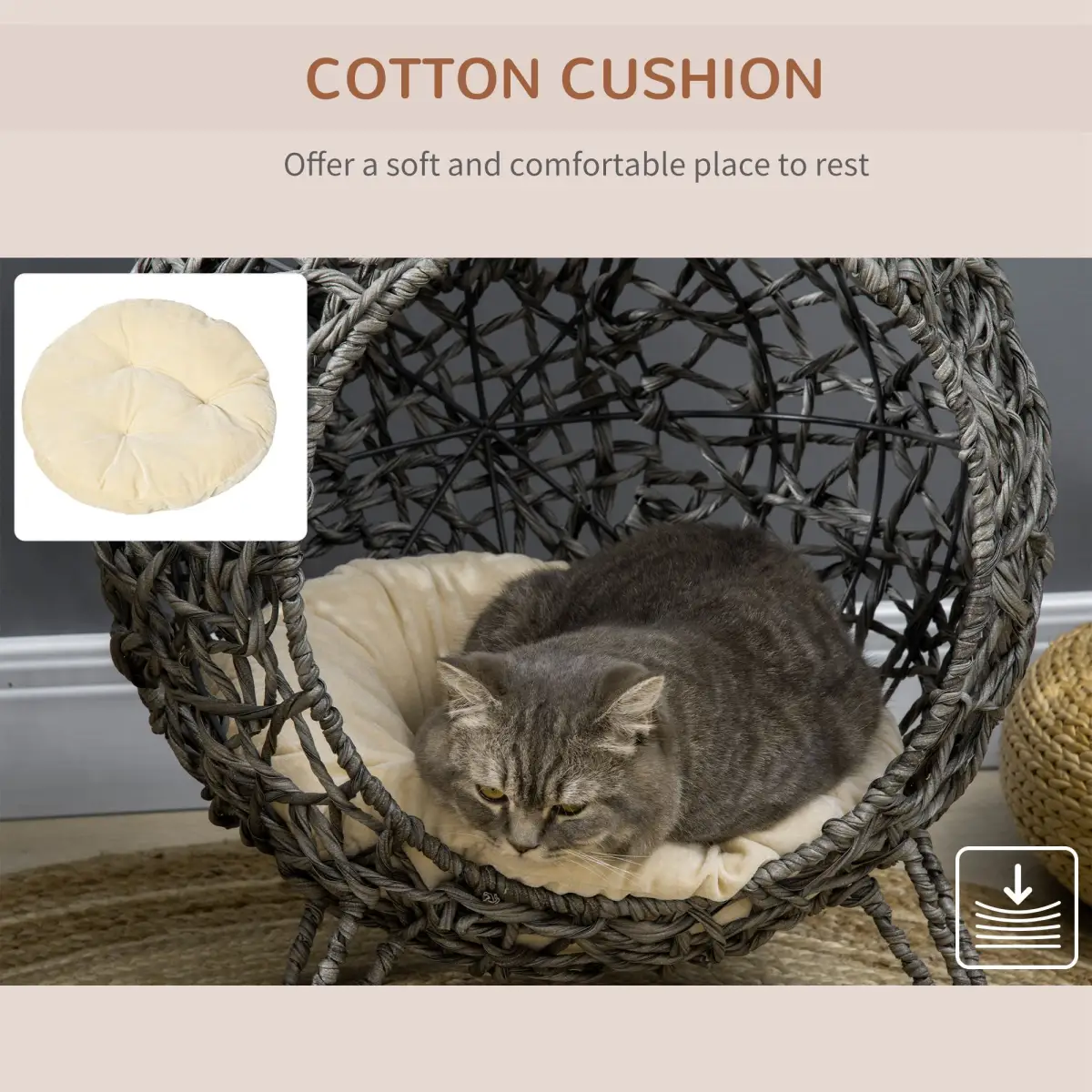 PawHut Rattan Elevated Cat House Kitten Basket Pet Bed w/ Cushion - Silver-Tone, Grey - Cat House