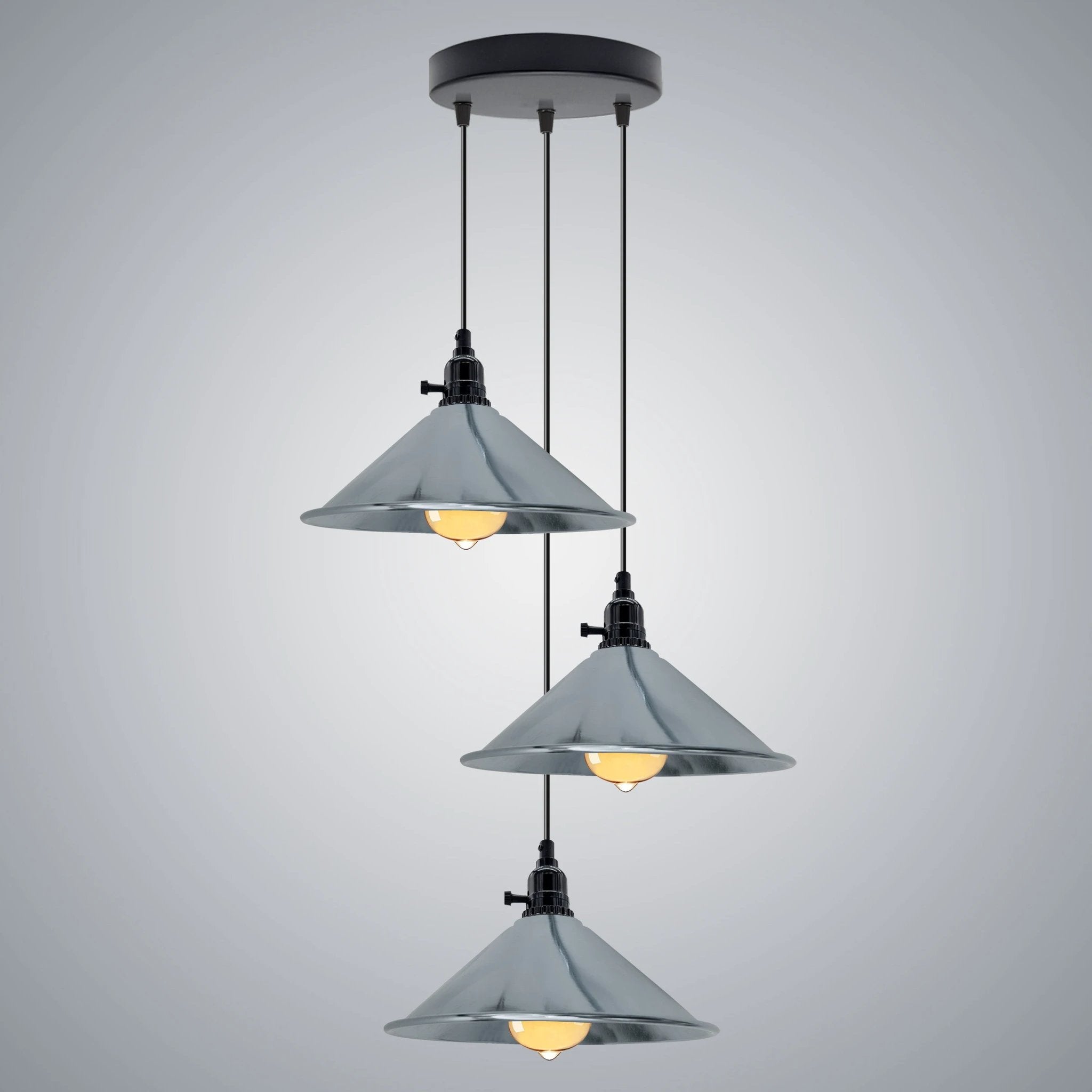 LEDSONE Industrial 3-Head Cone Pendant 22cm Adj Cord Home - Ceiling Lights