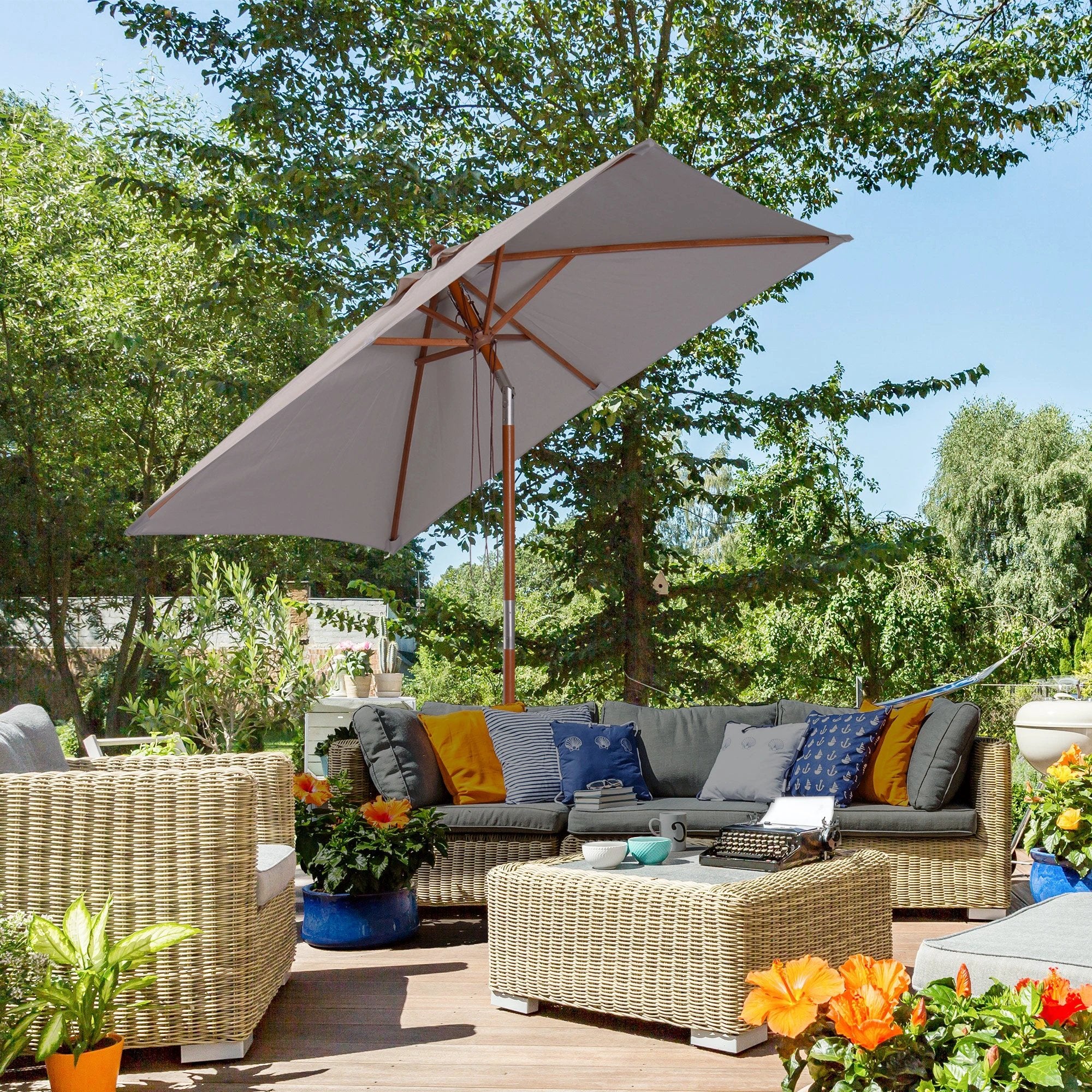 Outsunny Wooden Patio Umbrella Market Parasol Outdoor Sunshade Grey Outsunny - Parasol