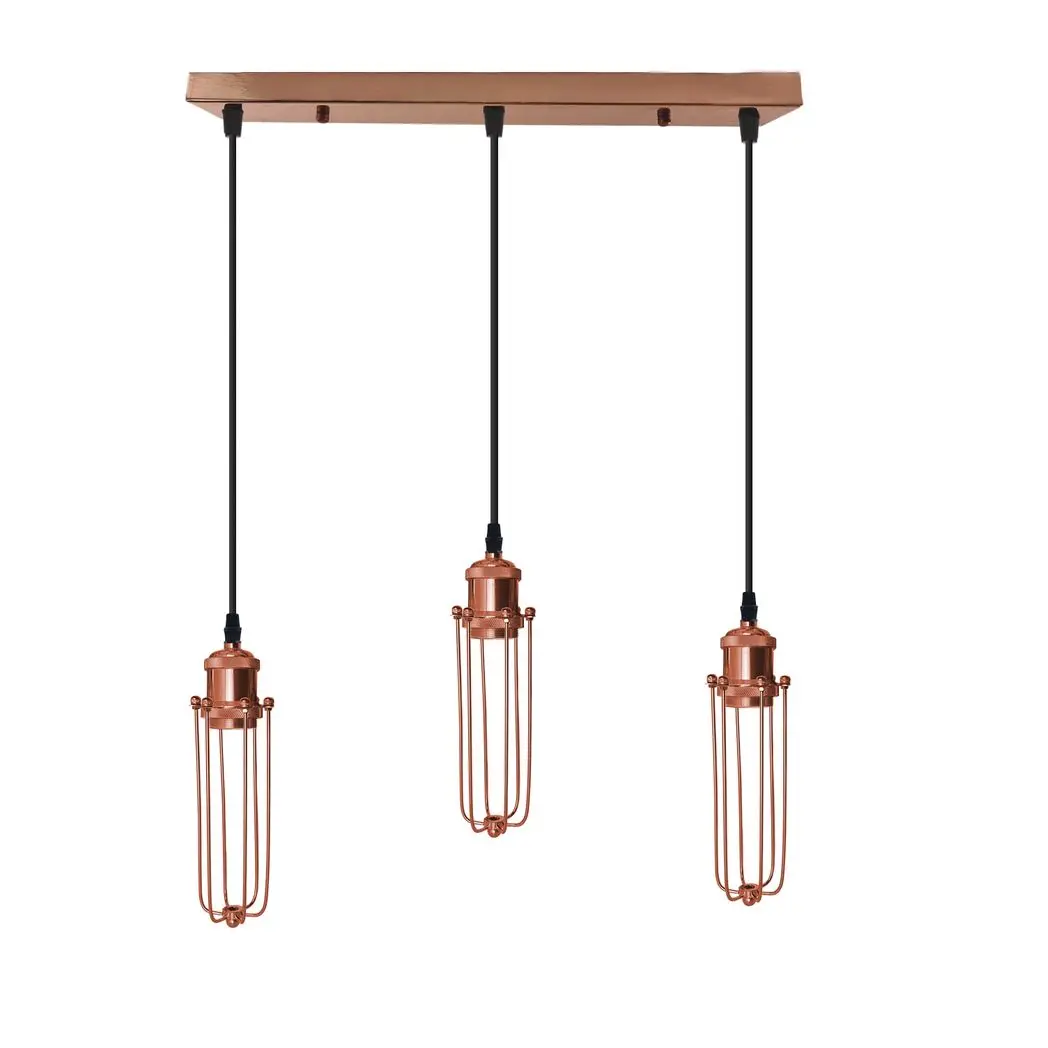 LEDSONE 3 Head Rectangle Rose Gold Ceiling E27 Pendant Light with Wire Cage, Industrial Vintage Hanging Lamp Fixture - Pendant Lights