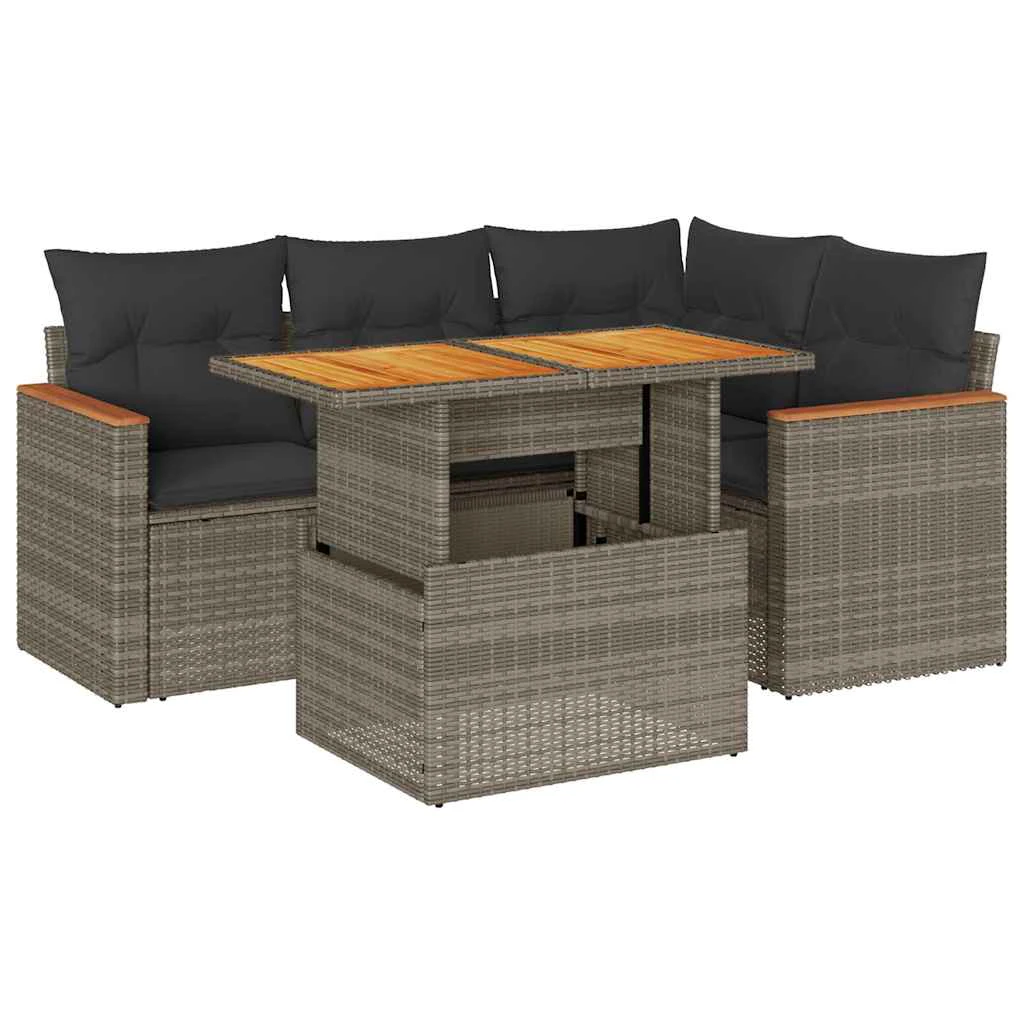 vidaXL vidaXL 5 Piece Garden Sofa Set with Cushions Black Poly Rattan Acacia - Garden Sofa Sets