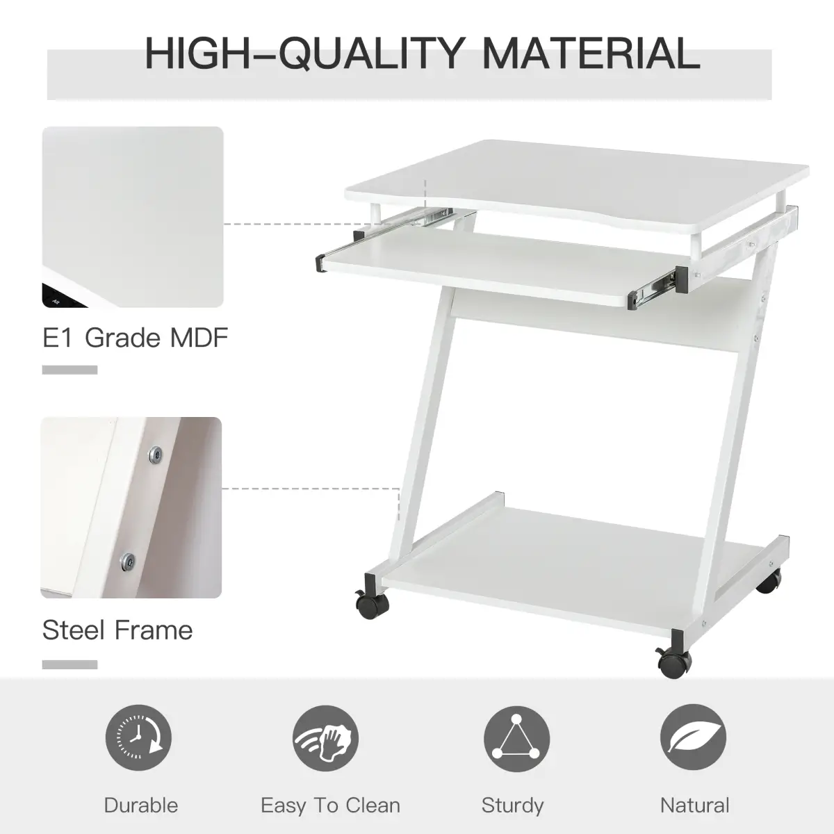 HOMCOM Computer Desk with 4 Moving Wheels Sliding Keyboard Tray White - Desk