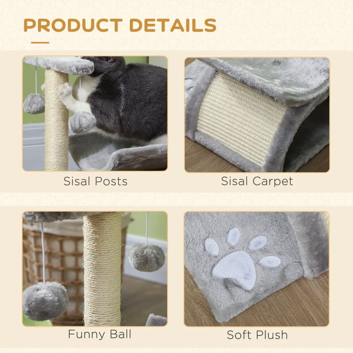 Pawhut Cat Tree Plush Scratcher Activity Play Center Tunnel Dangling Ball - Cat Tree