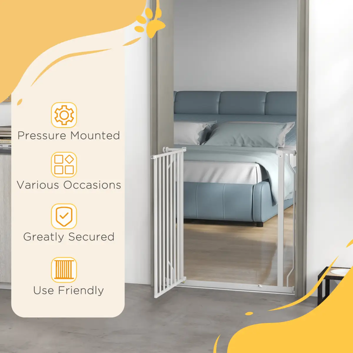 PawHut PawHut Dog Gate Wide Stair Gate w/ Door Pressure Fit, 75-85W cm, White - Pet Gate