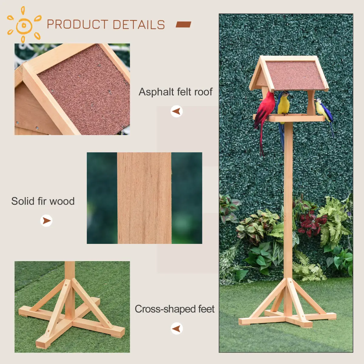 Pawhut Wooden Bird Feeder Freestanding Cross-shaped Support Feet Weather Resistant - Bird Feeder