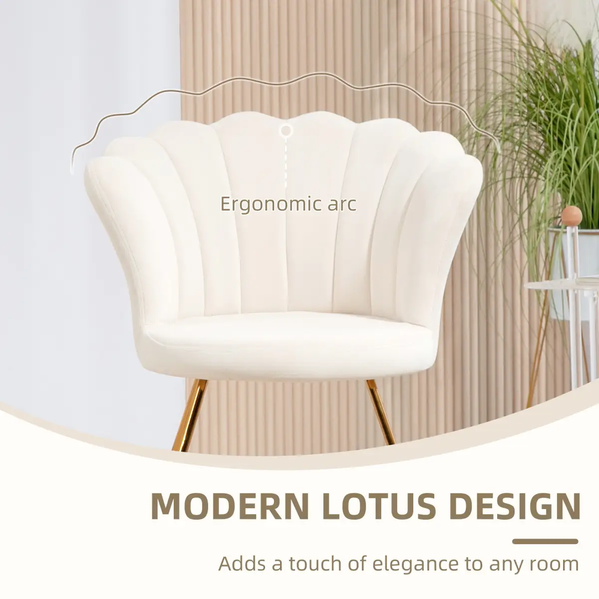 HOMCOM HOMCOM Accent Chair, Velvet Armchair with Lotus Backrest, Steel Legs, Cream - Accent Chair