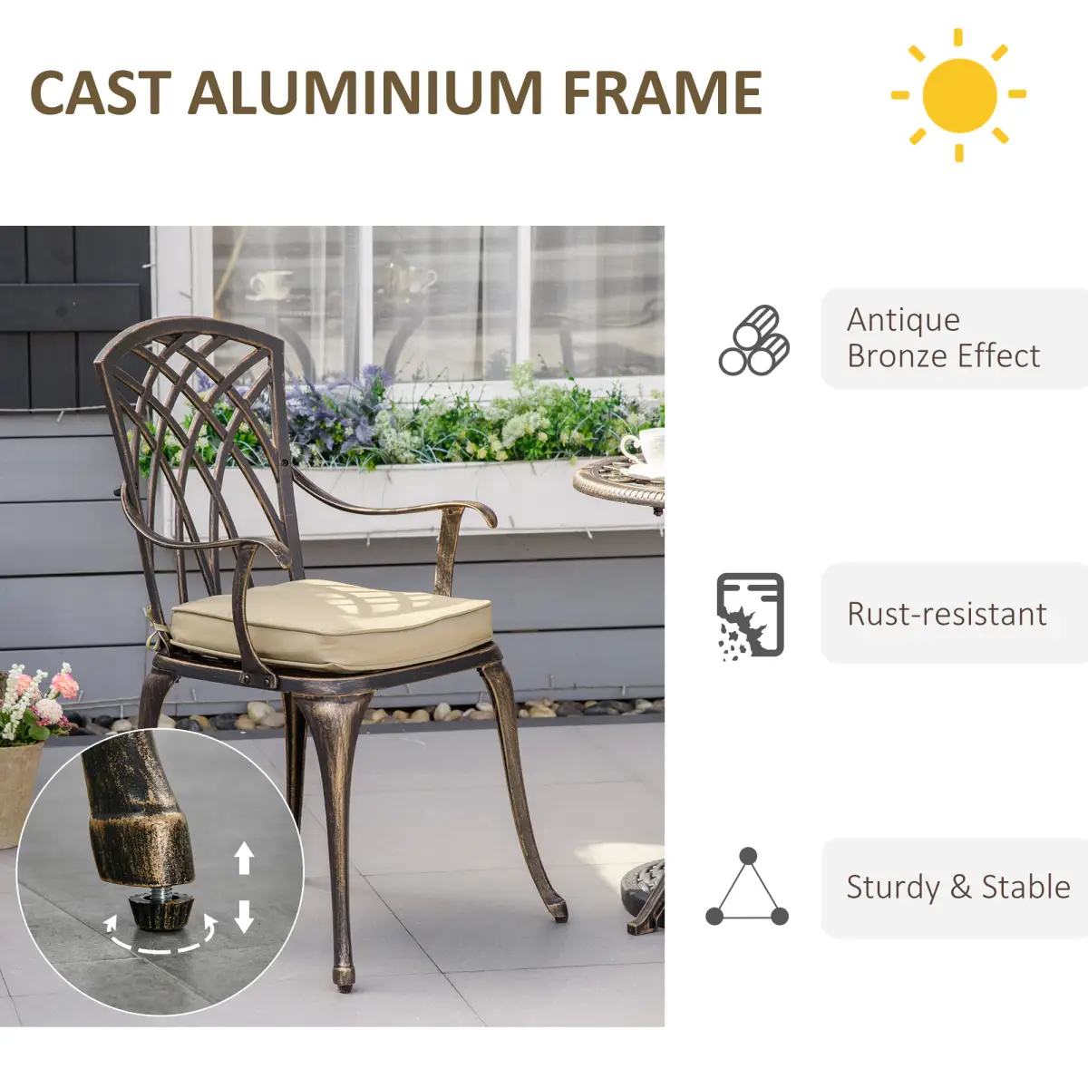 Bronze Cast Aluminium Outdoor Garden Bistro Set For Two With Parasol Hole Cushions - Outsunny - Home Symphony
