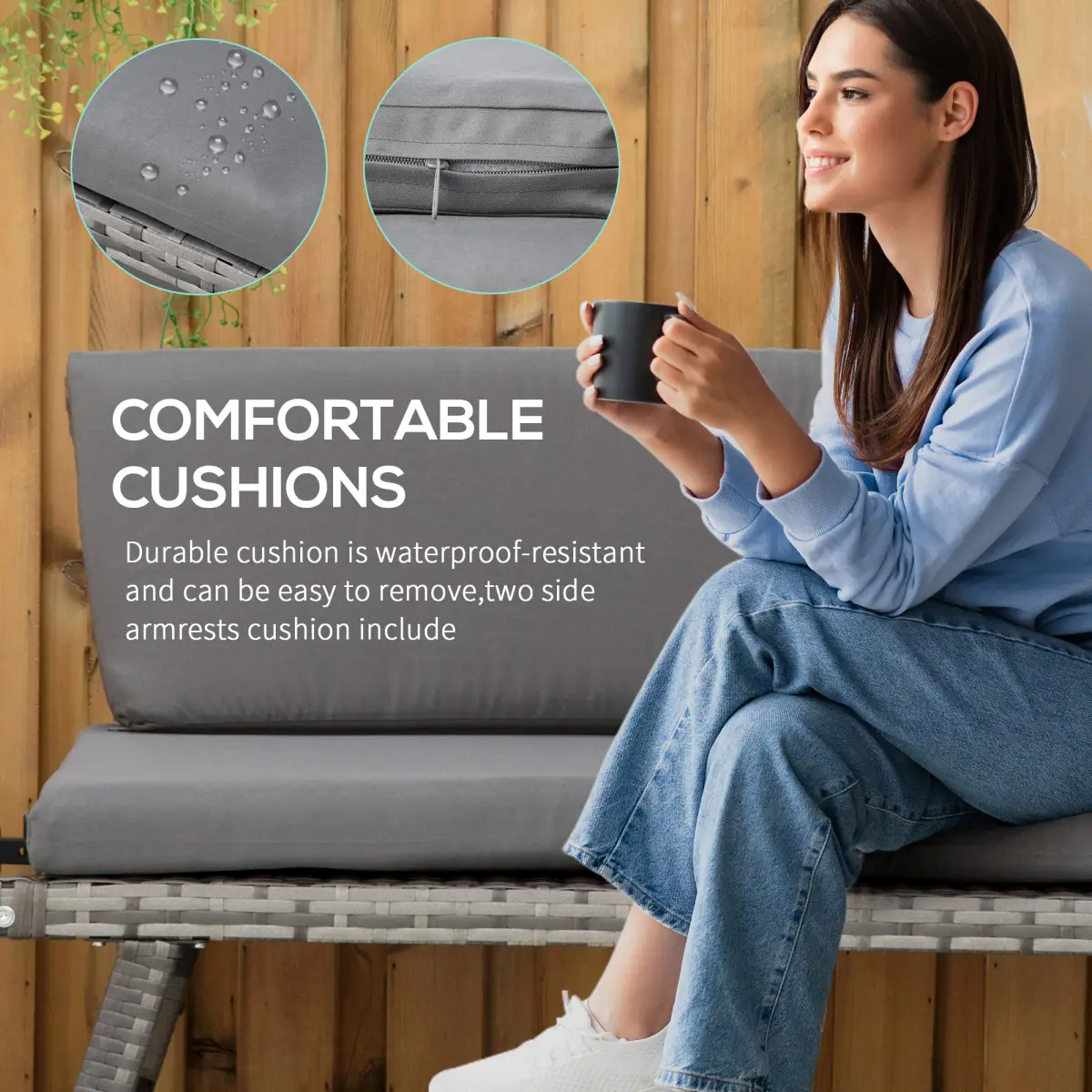 Outsunny 2 in 1 Rattan Folding Daybed Sofa Grey w/Cushion - Garden Sofa Sets