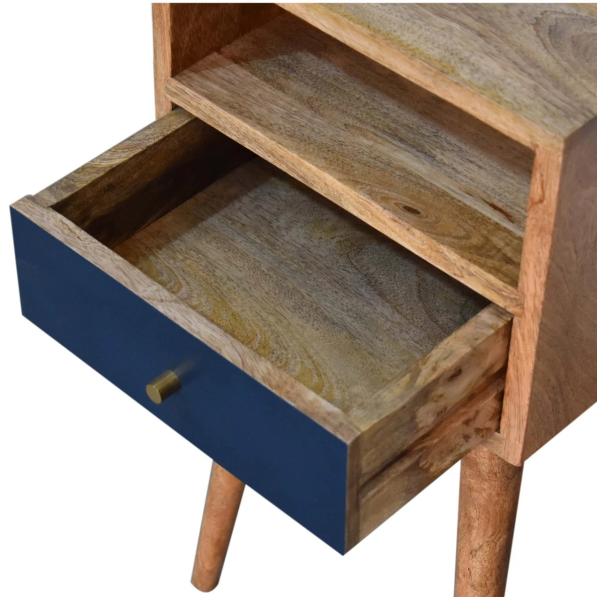 Artisan Furniture Artisan Nightstand Compact Mango Wood Navy Hand Painted Drawer Open Shelf Bedroom Decor And Storage - Bedside Table