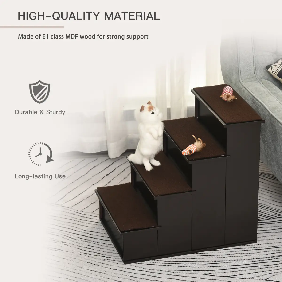 Pawhut 4-Step Wooden Pet Stair Steps with Soft Short Plush Cushions Dog Ladder for Bed - Dog Steps