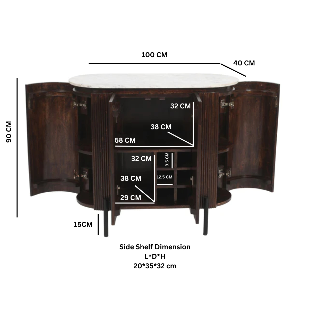 Opal Solid Wood Sideboard/Drinks Cabinet With Marble Top & Metal Legs - from Indian Hub