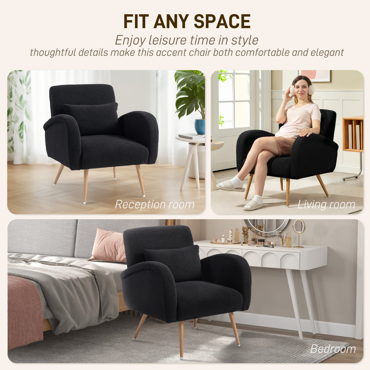 HOMCOM Teddy Fleece Upholstered Accent Chair with Metal Legs, Black - from HOMCOM