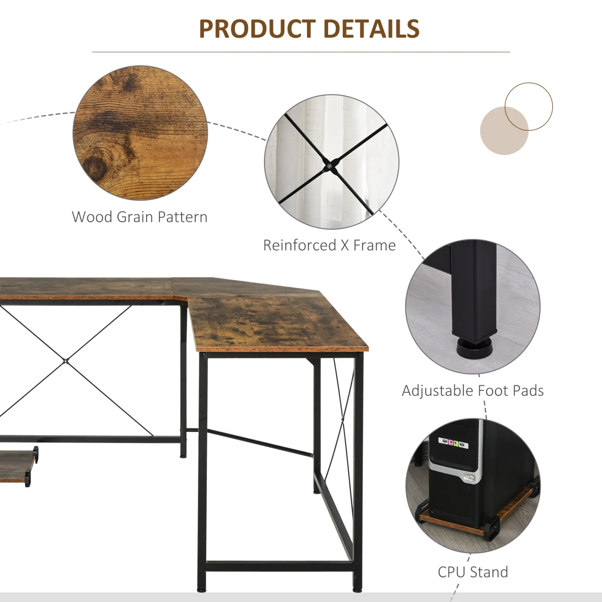 Industrial L-Shape Desk 60x24in Wood Grain Office - Desk
