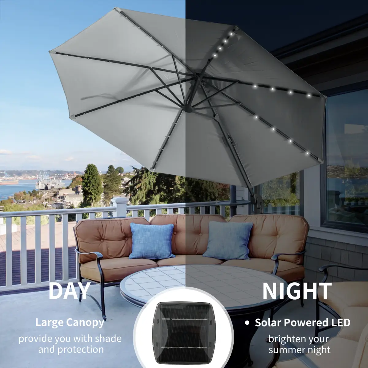 Outsunny 3m Cantilever Roma Parasol Patio Sun Umbrella with LED Solar Light, Grey - Parasol