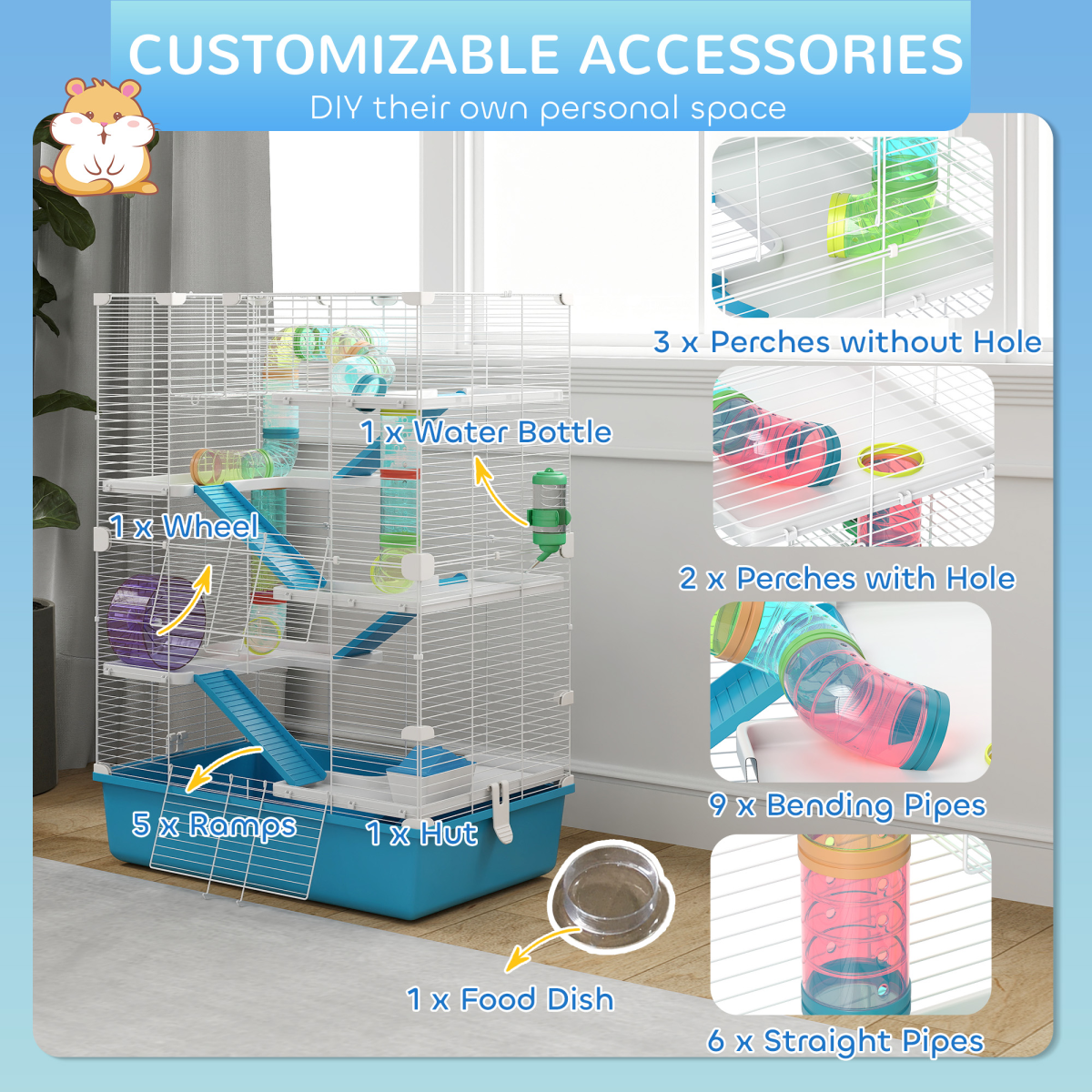 PawHut 6 Tier Hamster Cage with Twin Tower and Accessories, Light Blue - from PawHut