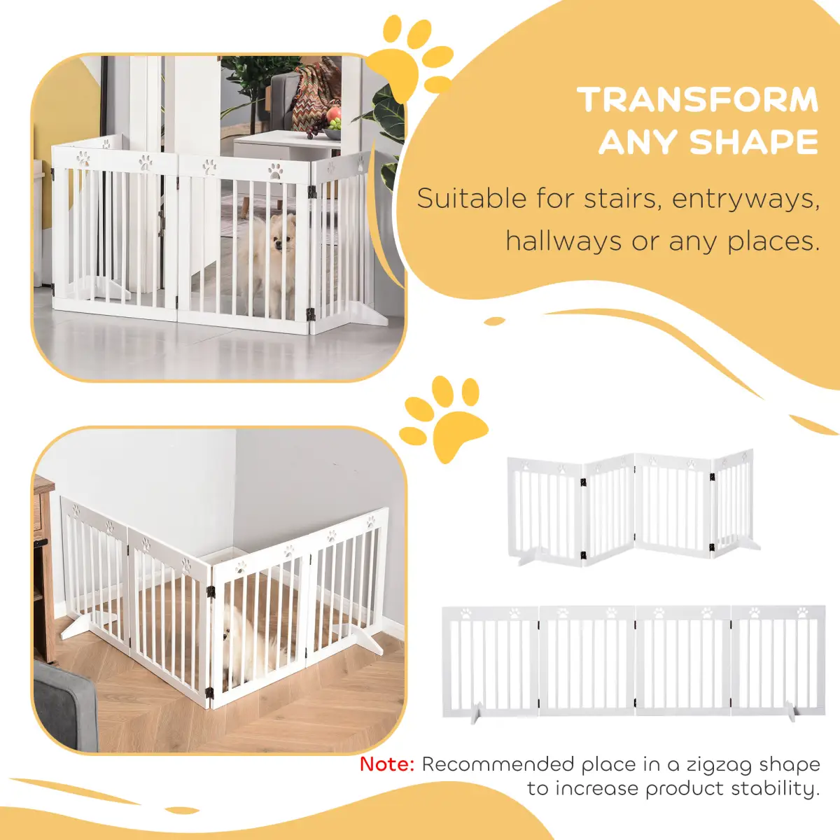 Pawhut Freestanding Pet Gate 4 Panel Folding Wooden Dog Barrier w/ Support Feet - Pet Gate