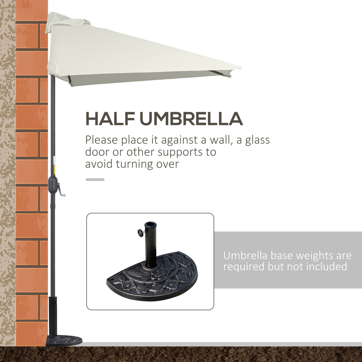 Unbranded 2.3m Garden Balcony Half Round Umbrella Metal Parasol Umbrella Beige Outsunny - Parasol