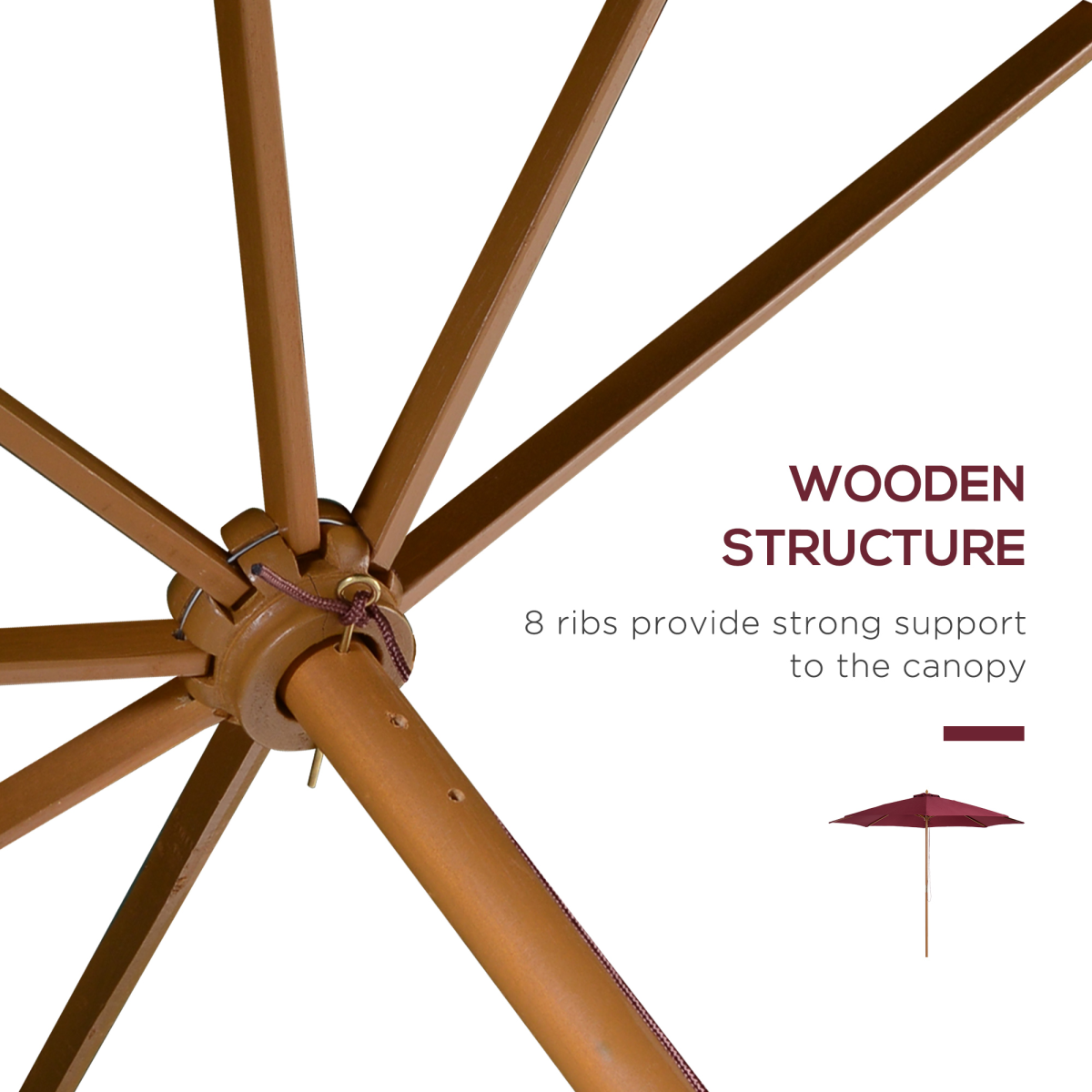 Outsunny Outsunny 3m Fir Wooden Garden Parasol Sun Shade Outdoor Umbrella Canopy Wine Red - Parasol