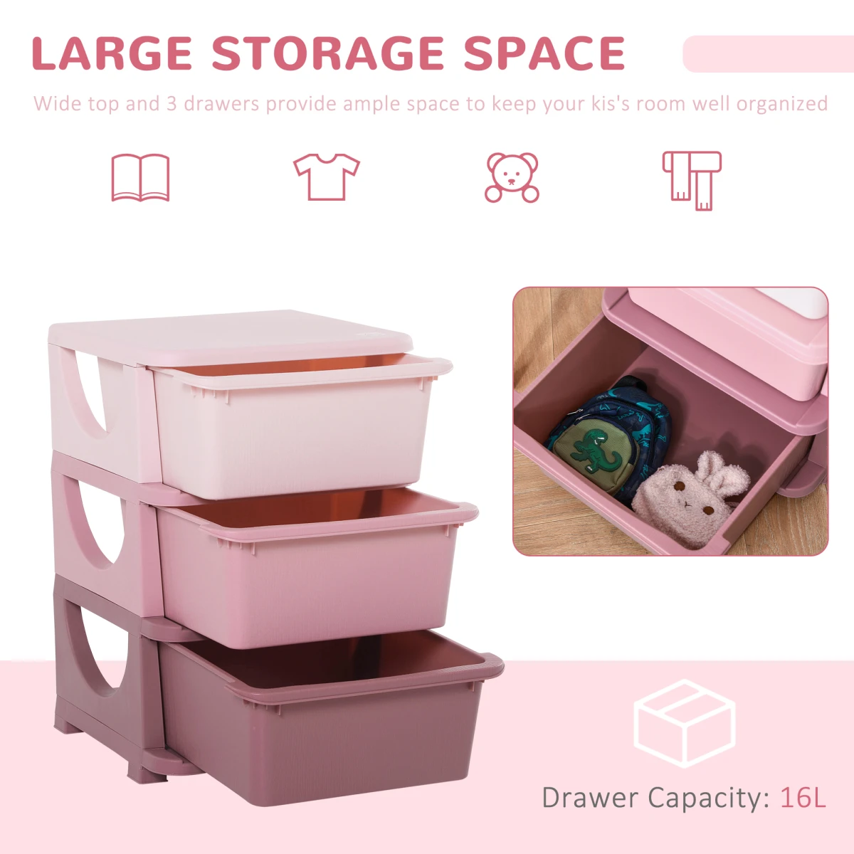 Homcom HOMCOM Kids Storage 3-Tier Drawers Toy Organizer - Chest of Drawers