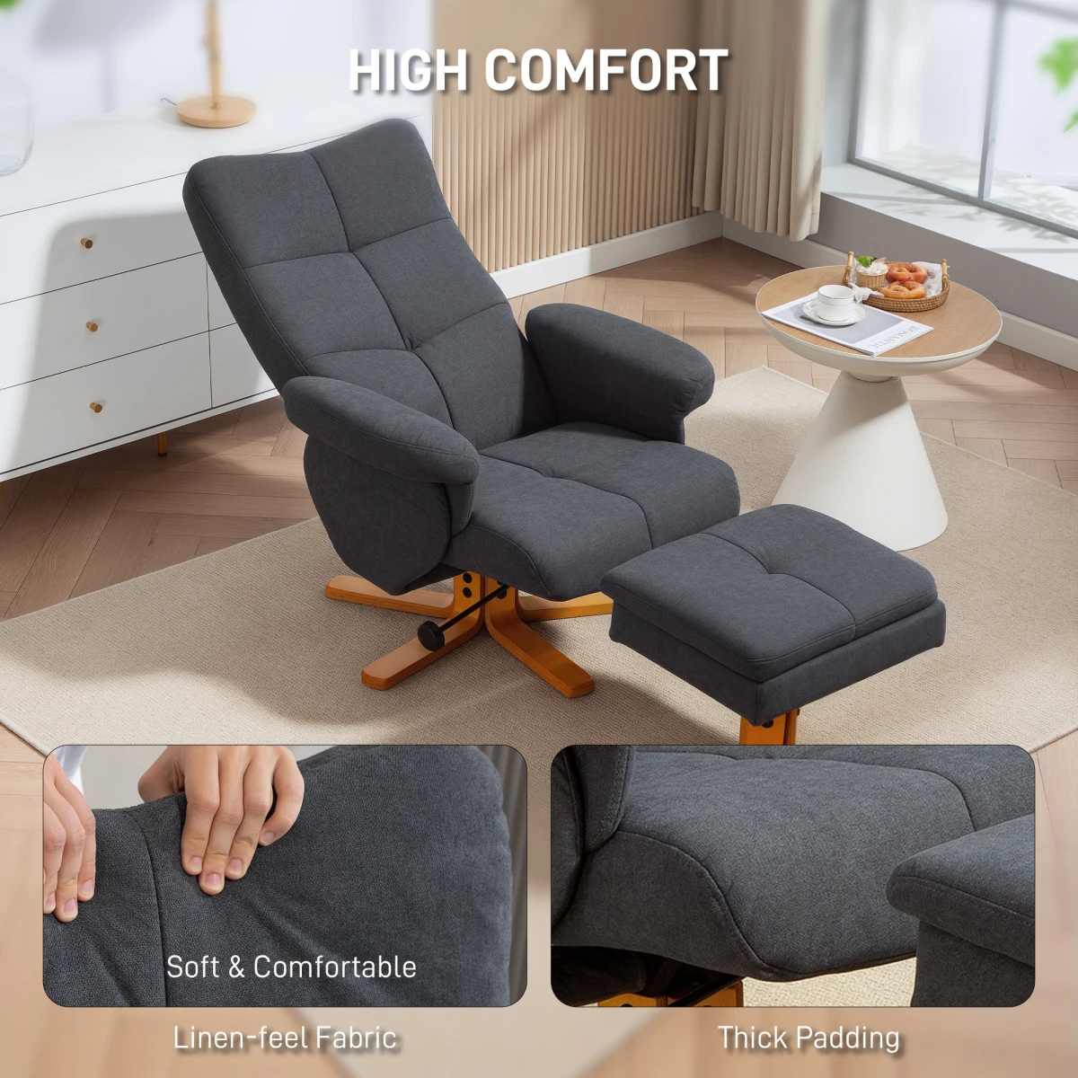 HOMCOM Linen Recliner Chair Wood Base 145 Degree Living Room by HOMCOM