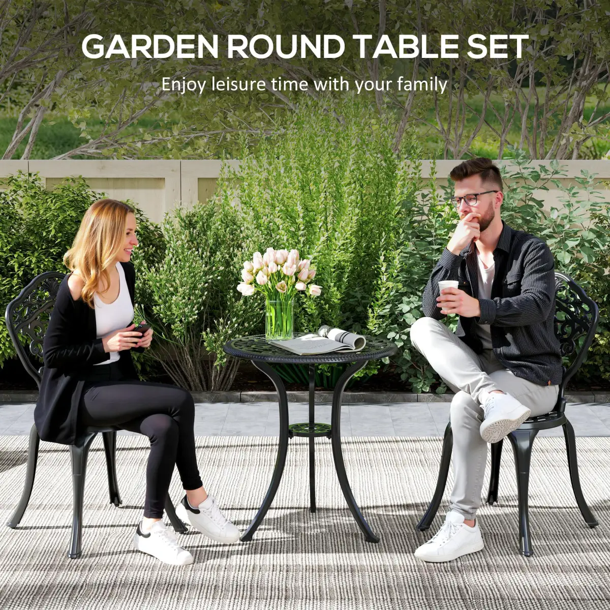 Outsunny Outsunny 3 PCs Cast Aluminium Bistro Set w/ Parasol Hole for Balcony, Black - Garden Set