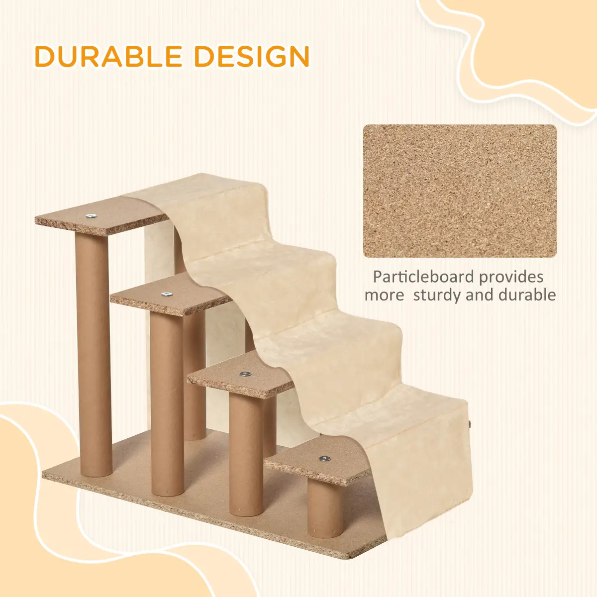 PawHut Portable Dog Stairs with Washable Plush Cover, for High Bed Sofa - Beige - Dog Steps