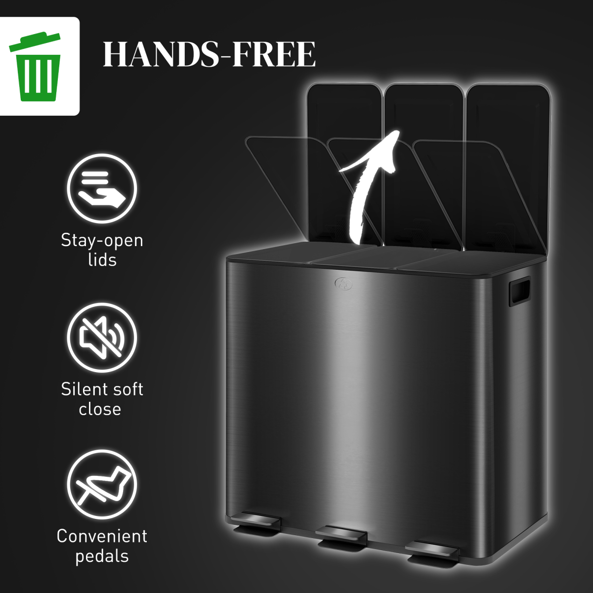 HOMCOM 3 x 15L Triple Kitchen Bin Pedal Bin for Recycling and Waste, Black - from HOMCOM