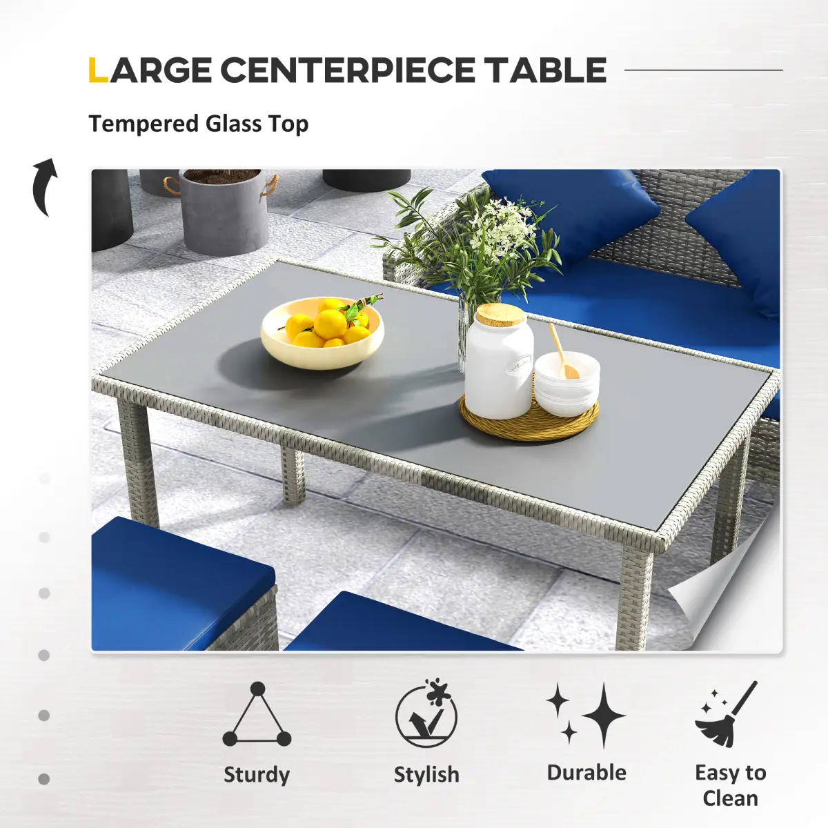 Outsunny Outsunny 5Pcs Rattan Dining Corner Sofa Set, Garden Furniture Set, Dark Blue - Garden Sofa Sets