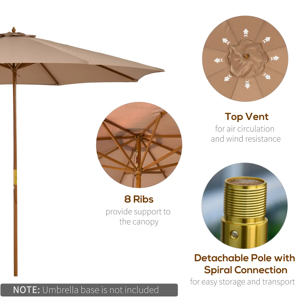 Outsunny Outsunny 3(m) Wooden Garden Parasol Sun Shade Outdoor Umbrella Canopy Khaki - Parasol