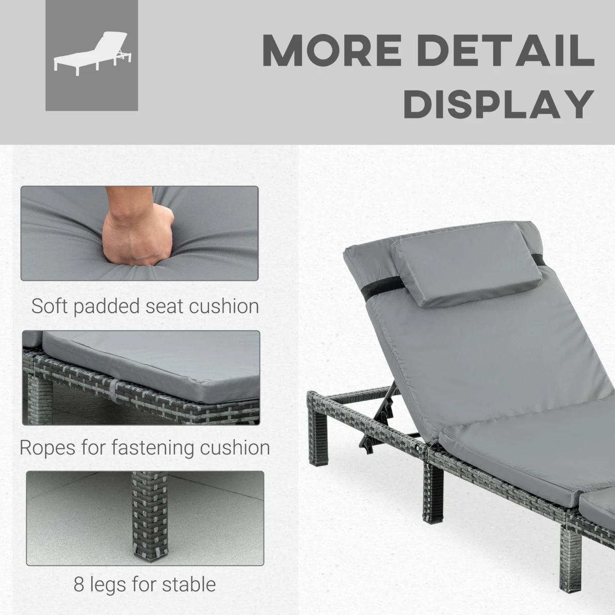 Premium PE Rattan Sun Lounger Outdoor Recliner With Five Position Backrest And Cushions Grey by Outsunny