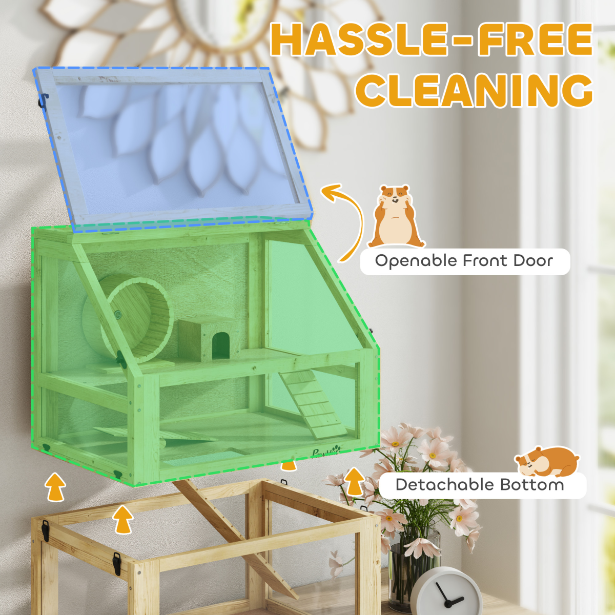 PawHut Wooden Hamster Cage w/ Detachable Bottom, Hut, Seesaw, 60 x 40 x 75cm - from PawHut